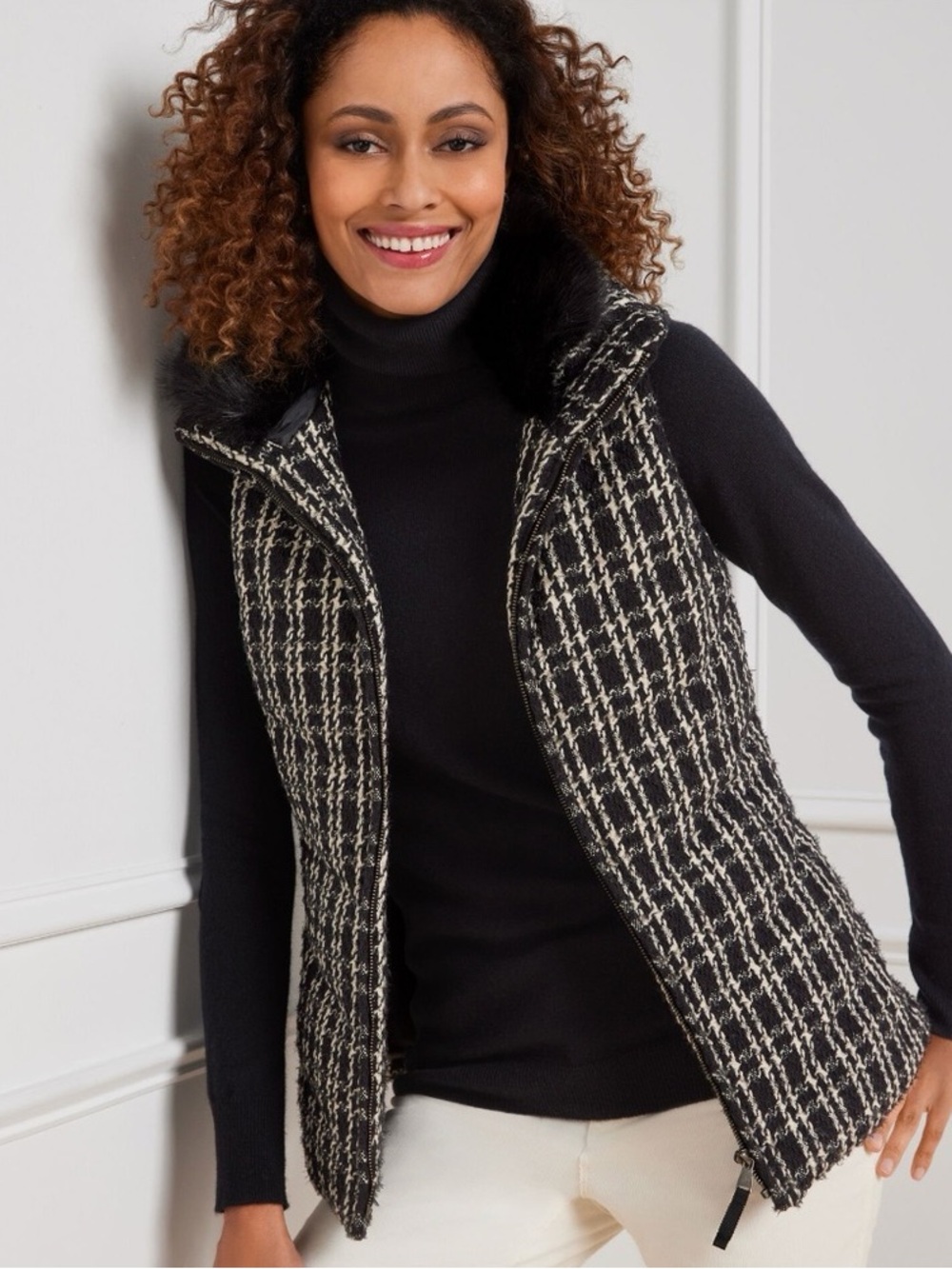 Talbots black white tweed/checks Vest size L Wool B